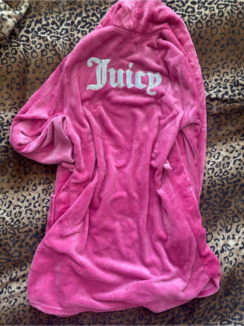 Juicy Couture Hot Pink Plush Hooded Robe with Rhinestone Logo